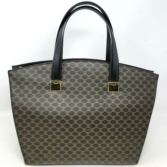 Vintage Celine Triomphe Canvas Black Leather Medium Shoulder Tote Hand Bag Auth - Picture 3 of 16